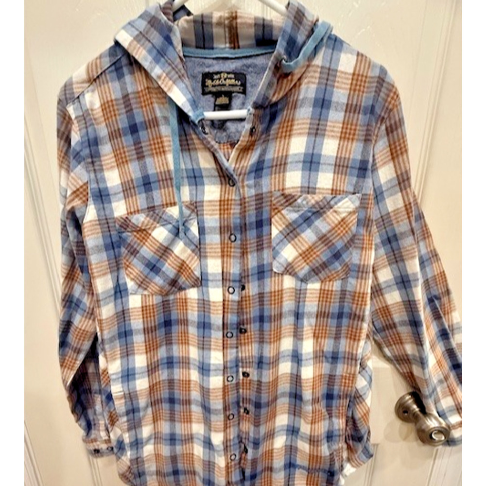 Noble Outfitters Womens Brown Blue Plaid Flannel Cotton Shirt w/ Hood Size Large